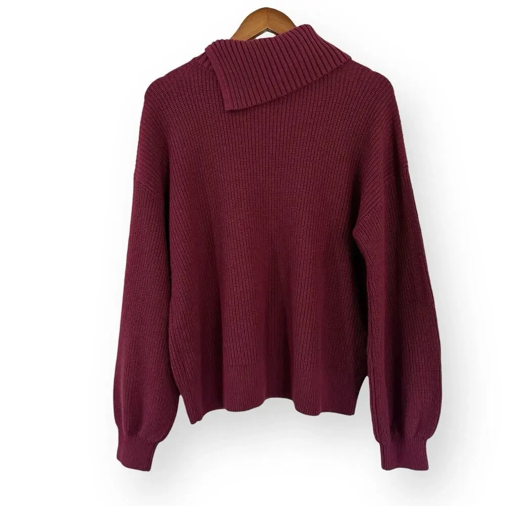 Talbots Shaker Stitch Sweater XL Burgundy Chunky Knit Split Neck Balloon Sleeve